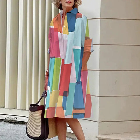 Image of Chic Patchwork Print Shirt Dress Casual Lapel Button Slim Dress-FrenzyAfricanFashion.com