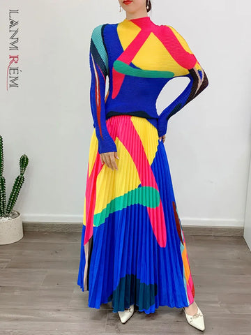 Image of Women Dress 2 Pieces Sets Long Sleeves Pleated Top With Elastic Skirts-FrenzyAfricanFashion.com