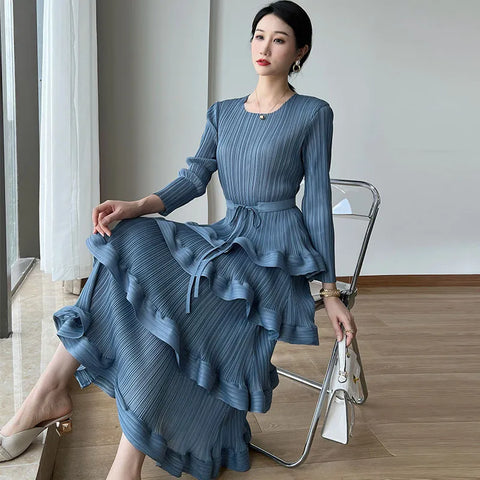 Image of Pleat Dresses Autumn Mid-length Women's Black Dress-FrenzyAfricanFashion.com