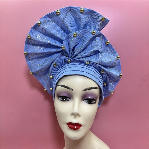 Image of African headtie nigerian gele headties with beads and stones women head wrap sewing fabric for party 1set-FrenzyAfricanFashion.com