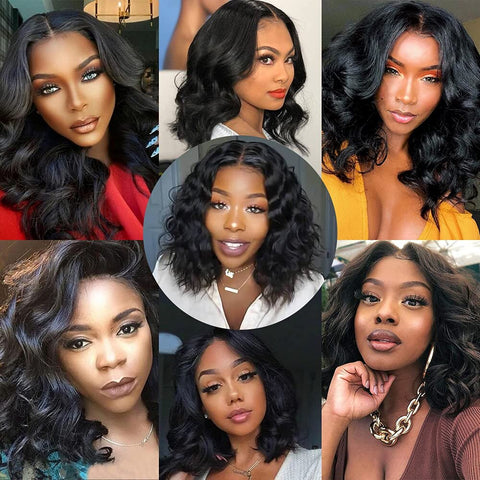 Image of Human Hair Wigs For Women Glueless Body Wave 4x4 Short Bob Wig Lace Closure Wig Peruvian Virgin Wavy Human Hair Wig PrePlucked-FrenzyAfricanFashion.com