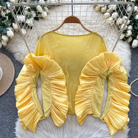 Image of Basics Ruffle Spliced O-neck Vintage Long Sleeves Slim Mesh Top Office Lady Spring Autumn Women T-Shirts-FrenzyAfricanFashion.com