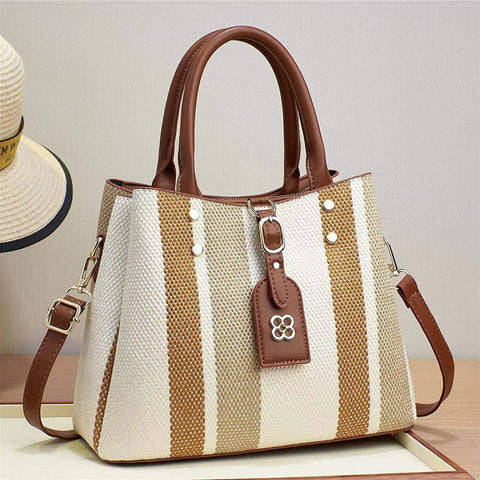 Image of Business Women's New Handheld Crossbody Shoulder Tote Bag Striped Fashion Large Capacity Contrast Color Portable Satchel Handbag-FrenzyAfricanFashion.com