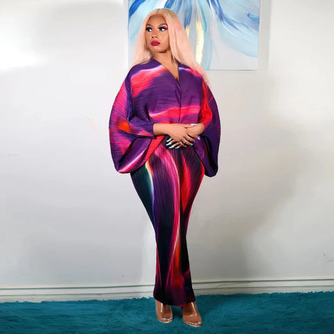 Image of Women Pleated Batwing Long Sleeve V-neck Slim Maxi Long Dress Ruched Dresses-FrenzyAfricanFashion.com