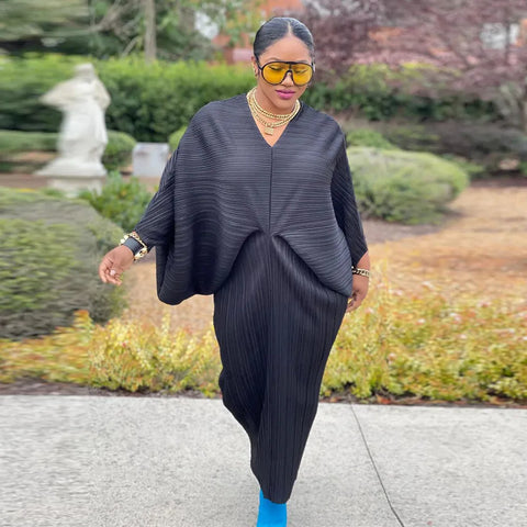 Image of Women Pleated Batwing Long Sleeve V-neck Slim Maxi Long Dress Ruched Dresses-FrenzyAfricanFashion.com