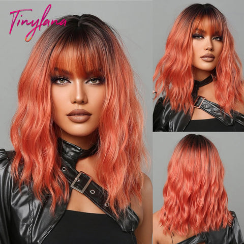 Image of Light Pink Short Wavy Synthetic Hair Wigs with Bangs Cosplay Natural Shoulder Length Bob Wig For Women Afro Heat Resistant Fiber-FrenzyAfricanFashion.com