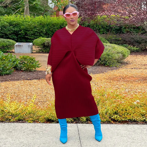 Image of Women Pleated Batwing Long Sleeve V-neck Slim Maxi Long Dress Ruched Dresses-FrenzyAfricanFashion.com