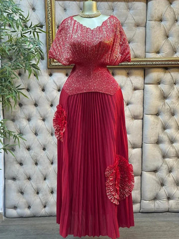 Image of Wedding Guest Luxury Pleated 2 Pieces Set Women Short Batwing Half Sleeved Irregular Hem Top + 3D Flowers A-line Skirt-FrenzyAfricanFashion.com