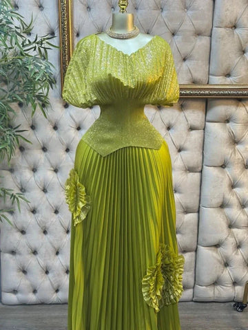 Image of Wedding Guest Luxury Pleated 2 Pieces Set Women Short Batwing Half Sleeved Irregular Hem Top + 3D Flowers A-line Skirt-FrenzyAfricanFashion.com