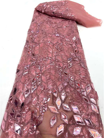 Image of 5 Yards Handmade Bead Lace Fabric With Sequins Luxury Embroidery French Tulle Mesh-FrenzyAfricanFashion.com