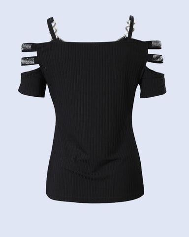 Image of Fashion Y2K Women's Top 2023 Summer Casual Rhinestone Decoration Zipper Details Split Bottom Cold Shoulder Basic Women's T-Shirt-FrenzyAfricanFashion.com