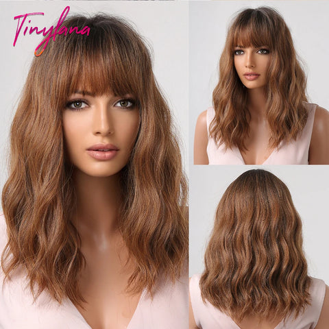Image of Light Pink Short Wavy Synthetic Hair Wigs with Bangs Cosplay Natural Shoulder Length Bob Wig For Women Afro Heat Resistant Fiber-FrenzyAfricanFashion.com