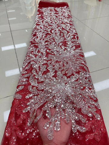 Image of Royal Blue Luxury Sequin Lace Fabric African High Quality Beaded Tulle Fabric For Bride Dress Sewing-FrenzyAfricanFashion.com