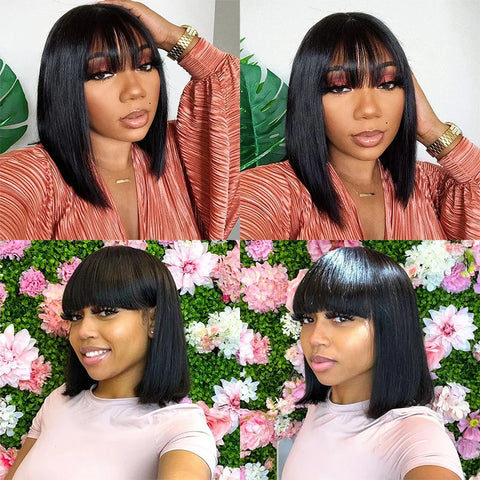 Image of Straight Human Hair Wigs With Bangs Short Bob For Women-FrenzyAfricanFashion.com