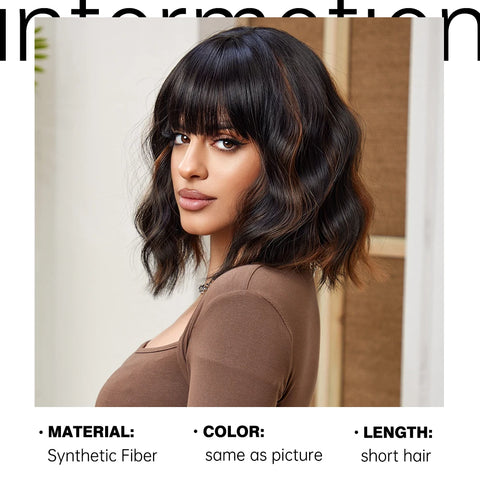 Image of Short Wavy Synthetic Bob Wigs Dark Brown with Highlight Bangs-FrenzyAfricanFashion.com