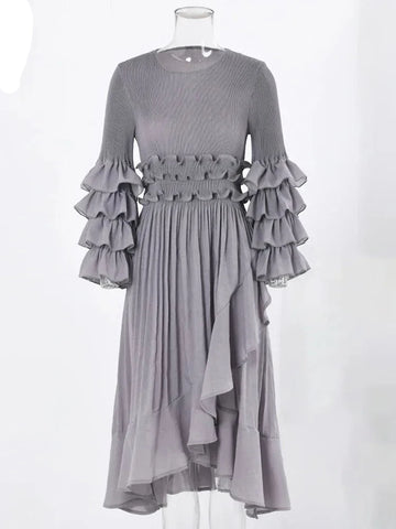 Image of Fashion Pleated Dress O-Neck Long Sleeved Solid Color-FrenzyAfricanFashion.com