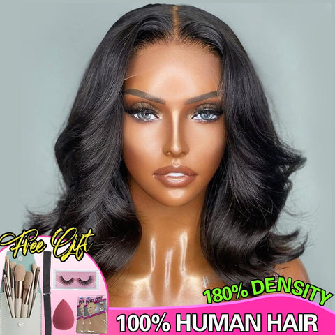 Image of Human Hair Wigs For Women Glueless Body Wave 4x4 Short Bob Wig Lace Closure Wig Peruvian Virgin Wavy Human Hair Wig PrePlucked-FrenzyAfricanFashion.com