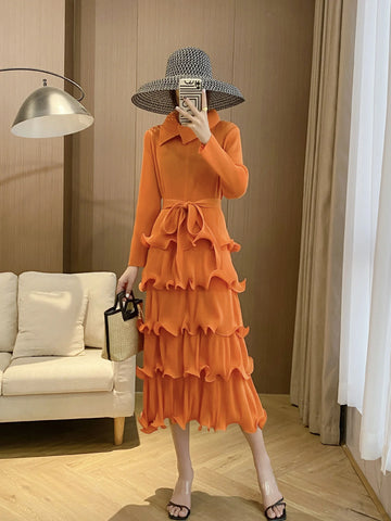 Image of Ruffles Pleated Dress Women Lapel Elegant Dresses With Belt-FrenzyAfricanFashion.com
