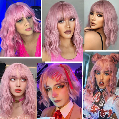 Image of Light Pink Short Wavy Synthetic Hair Wigs with Bangs Cosplay Natural Shoulder Length Bob Wig For Women Afro Heat Resistant Fiber-FrenzyAfricanFashion.com