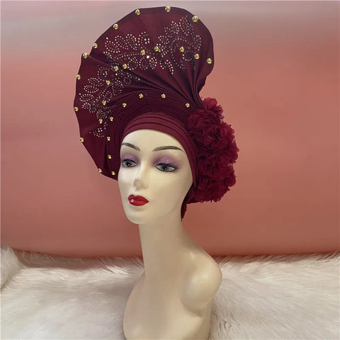 Image of African Nigerian gel headgear with stone bead already made auto turban afro aso ebi gel aso oke wide br im headgear 9L032801-FrenzyAfricanFashion.com