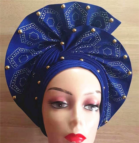 Image of African headtie nigerian gele headties with beads and stones women head wrap sewing fabric for party 1set-FrenzyAfricanFashion.com