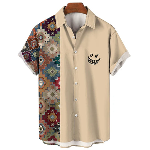 Image of Men Vintage Ethnic Hawaiian 3D Print Short Sleeve Lapel Button Streetwear-FrenzyAfricanFashion.com