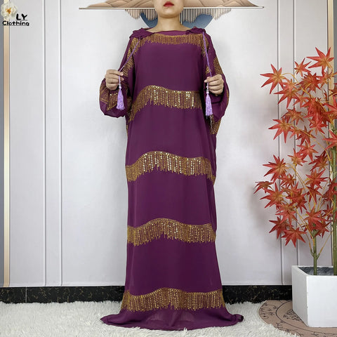 Image of 2024 Muslim Abayas For Women Prayer Garment Ramadan Chiffon Sequin Loose Long Sleeved Boubou Maxi Islam Femme Robe With Hooded-FrenzyAfricanFashion.com