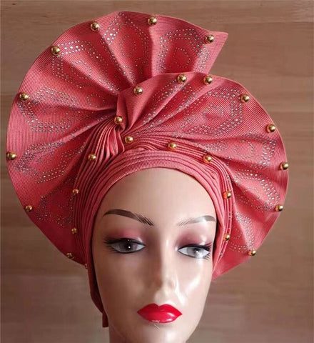 Image of African headtie nigerian gele headties with beads and stones women head wrap sewing fabric for party 1set-FrenzyAfricanFashion.com