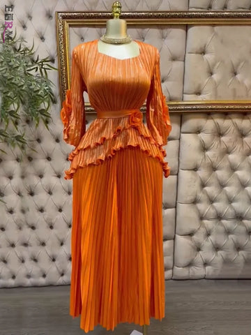 Image of Pleated Set Women Solid Tierred Ruffles Top & Large Size Folds A-line Skirt Two Pieces Sets-FrenzyAfricanFashion.com