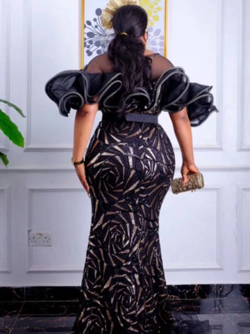 Image of 2023 Spring Summer Elegant African Women Short Sleeve Sequined Wedding Party Long Dress Africna Dresses for Women Maxi Dress-FrenzyAfricanFashion.com