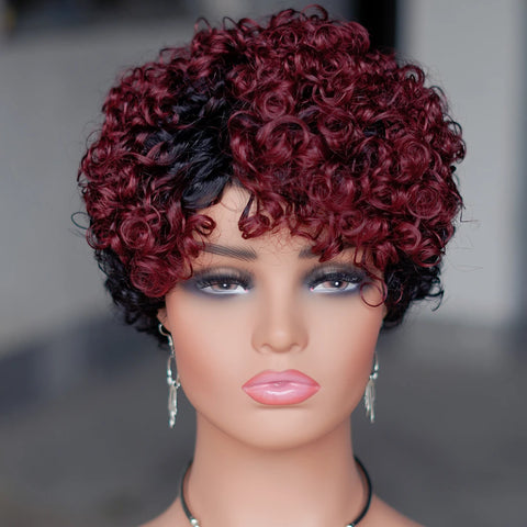 Image of 6inch Short Curly Wigs T1B/99J None Lace Front Human Hair Wigs with Bangs 180% Density Machine Made Pixie Cut Curly Wave Wig-FrenzyAfricanFashion.com
