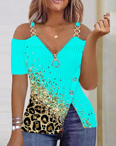 Image of Fashion Y2K Women's Top 2023 Summer Casual Rhinestone Decoration Zipper Details Split Bottom Cold Shoulder Basic Women's T-Shirt-FrenzyAfricanFashion.com