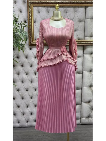 Image of Pleated Set Women Solid Tierred Ruffles Top & Large Size Folds A-line Skirt Two Pieces Sets-FrenzyAfricanFashion.com