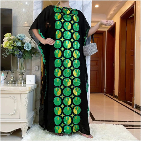 Image of Women Abaya African Embroidery Flower Dress With Scarf-FrenzyAfricanFashion.com