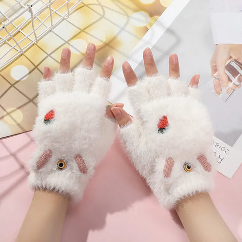 Image of Fashion Women Plush Warm Glove Fur Rabbit Cat Mittens Flip Fingerless Gloves Soft Girls Thick Gloves Flexible Half Finger Winter-FrenzyAfricanFashion.com