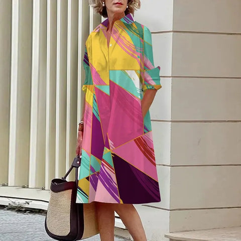 Image of Chic Patchwork Print Shirt Dress Casual Lapel Button Slim Dress-FrenzyAfricanFashion.com