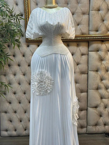 Image of Wedding Guest Luxury Pleated 2 Pieces Set Women Short Batwing Half Sleeved Irregular Hem Top + 3D Flowers A-line Skirt-FrenzyAfricanFashion.com