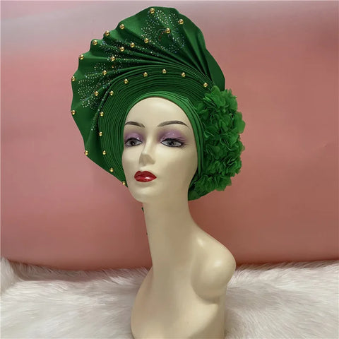 Image of African Nigerian gel headgear with stone bead already made auto turban afro aso ebi gel aso oke wide br im headgear 9L032801-FrenzyAfricanFashion.com