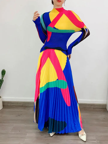 Image of Women Dress 2 Pieces Sets Long Sleeves Pleated Top With Elastic Skirts-FrenzyAfricanFashion.com