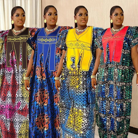 Image of African Dresses For Women Traditional Embroidery Bazin Dress-FrenzyAfricanFashion.com