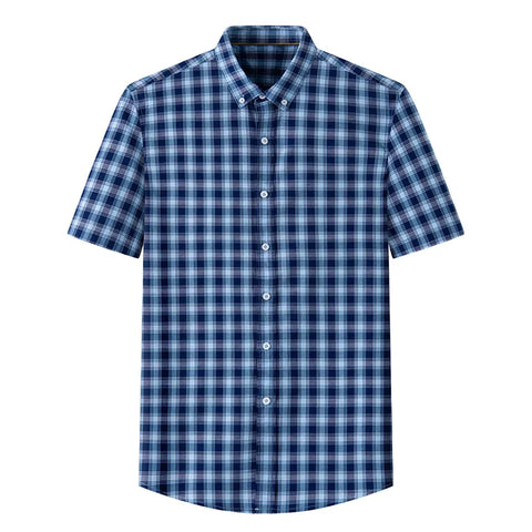 Image of Summer Shirt Men Cotton Solid Color Stripe Plaid Shirt Men Short Sleeve Casual Fitting Oxford Short Sleeve Shirts for Men Causal-FrenzyAfricanFashion.com