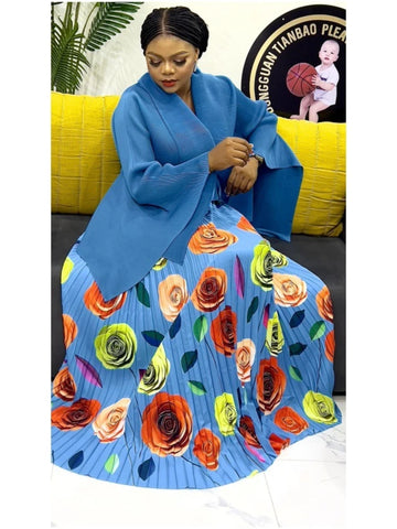 Image of Elegant Party 2 Piece Set Women Belt Batwing Sleeves Tops A-line Print Folds Long Skirt-FrenzyAfricanFashion.com