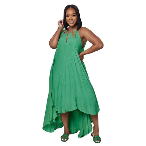 Image of Summer New Women's Fashion Sexy Sleeveless Open Back Long Street Dress Solid Loose Pullover Metal Decoration Dress-FrenzyAfricanFashion.com