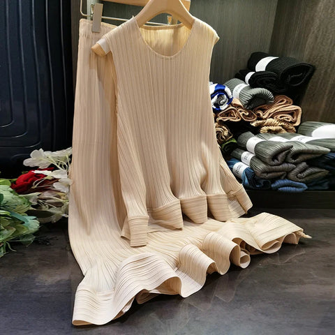 Image of LANMREM Summer Pleated 2 Pieces Set For Women Round Neck Sleeveless Thin Tops High Elastic Waist Skirts Casual 2023 New 32D281-FrenzyAfricanFashion.com