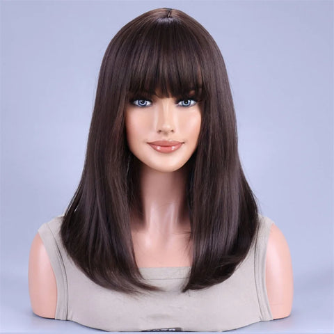 Image of Black Brown Synthetic Wig with Bangs Middle Long Straight Curly Wigs for Women Cosplay Daily Party Heat Resistant Fiber Hair-FrenzyAfricanFashion.com