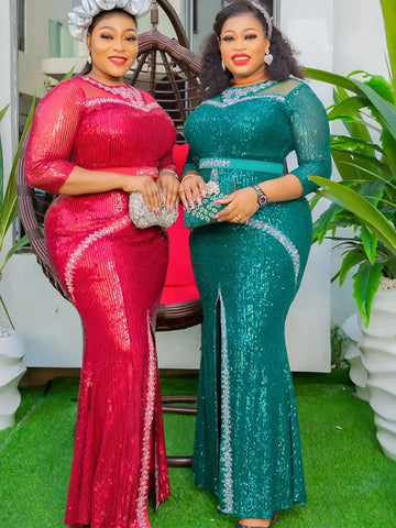 Image of Plus Size African Party Dresses for Women Dashiki Ankara Sequin Wedding Evening Gown Sexy Bodycon Maxi Robe Africa Clothing 2024-FrenzyAfricanFashion.com