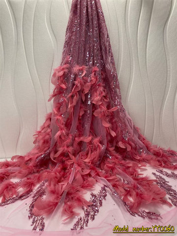 Image of Feather Fluffy Lace Fabric Luxury Pearl Fabric French For Wedding Bride Party-FrenzyAfricanFashion.com