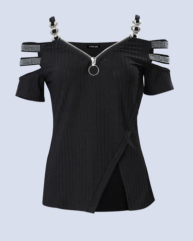 Image of Fashion Y2K Women's Top 2023 Summer Casual Rhinestone Decoration Zipper Details Split Bottom Cold Shoulder Basic Women's T-Shirt-FrenzyAfricanFashion.com