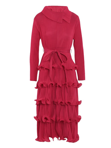 Image of Ruffles Pleated Dress Women Lapel Elegant Dresses With Belt-FrenzyAfricanFashion.com