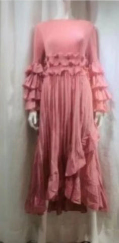 Image of Fashion Pleated Dress O-Neck Long Sleeved Solid Color-FrenzyAfricanFashion.com